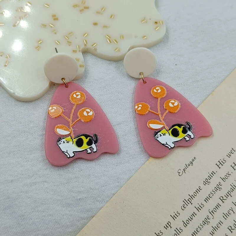 Pink Hand Painted Cat Dangler Earrings