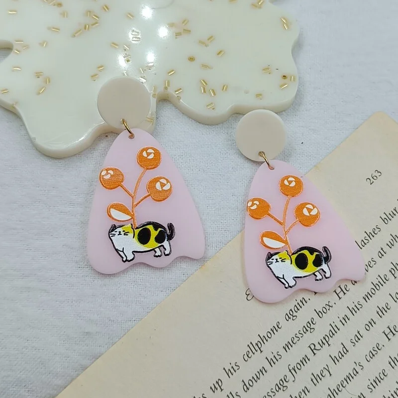 Pink Hand-Painted Cat Dangler Earrings