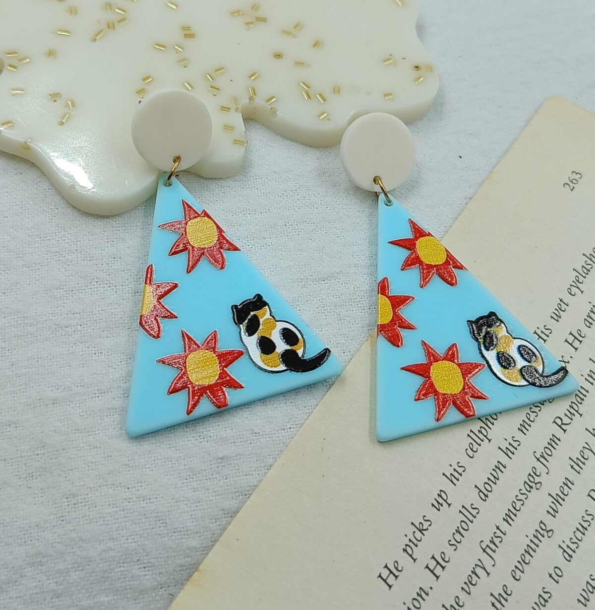 Blue Hand Painted Cat Dangler Earrings (ERDA75)