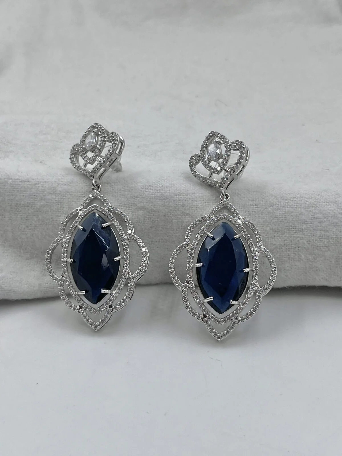 FHF Rhodium Silver plated White & Blue Sapphire Zircons Drop Earrings