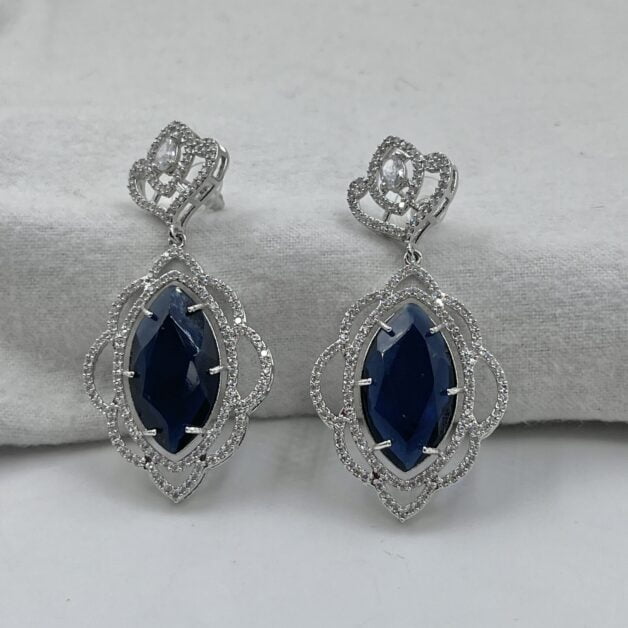 FHF Rhodium Silver plated White & Blue Sapphire Zircons Drop Earrings