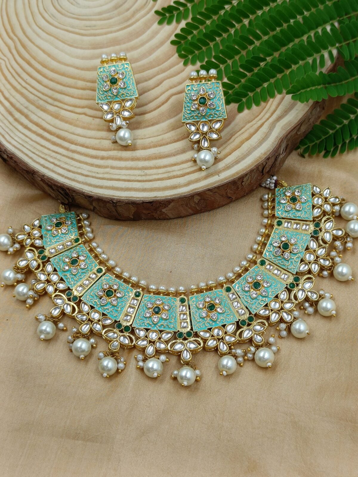 Gold Plated Kundan Stone Studded Meenakari Beaded Necklace Set