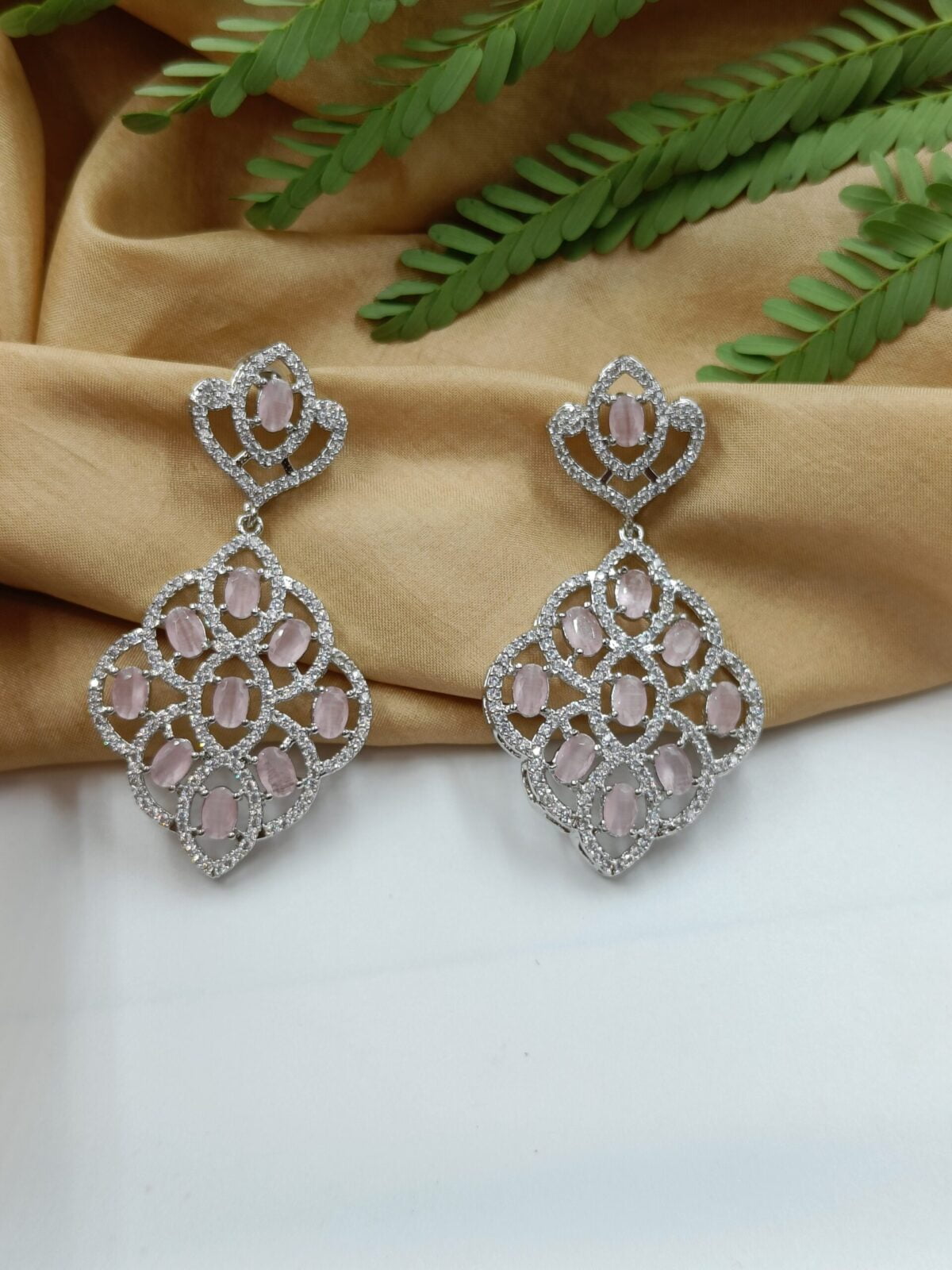FHF Rhodium Silver Plated American Diamond Pink stone Earrings