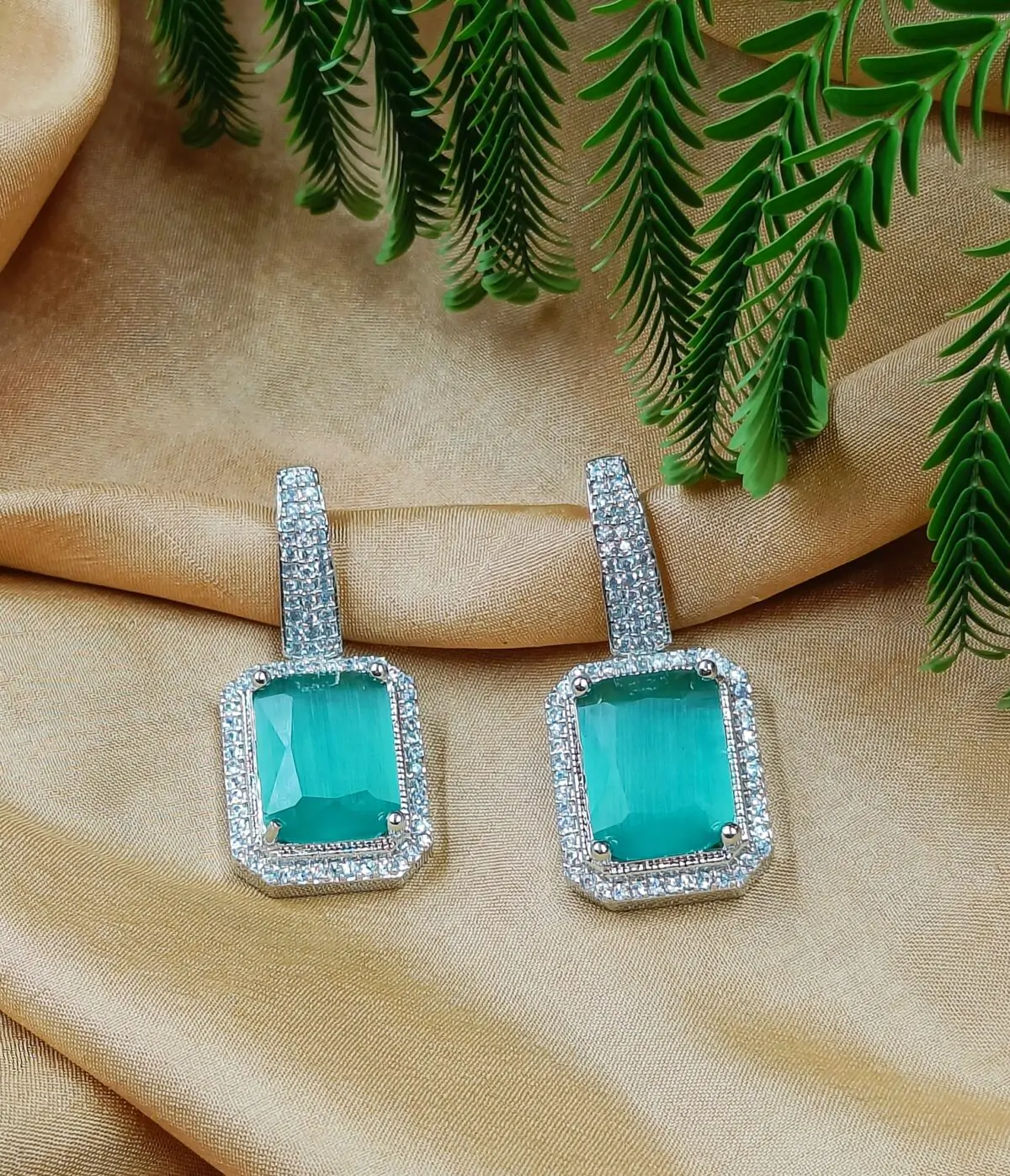 FHF Premium White & Sea Green Sapphire Zircons Dangler Earrings