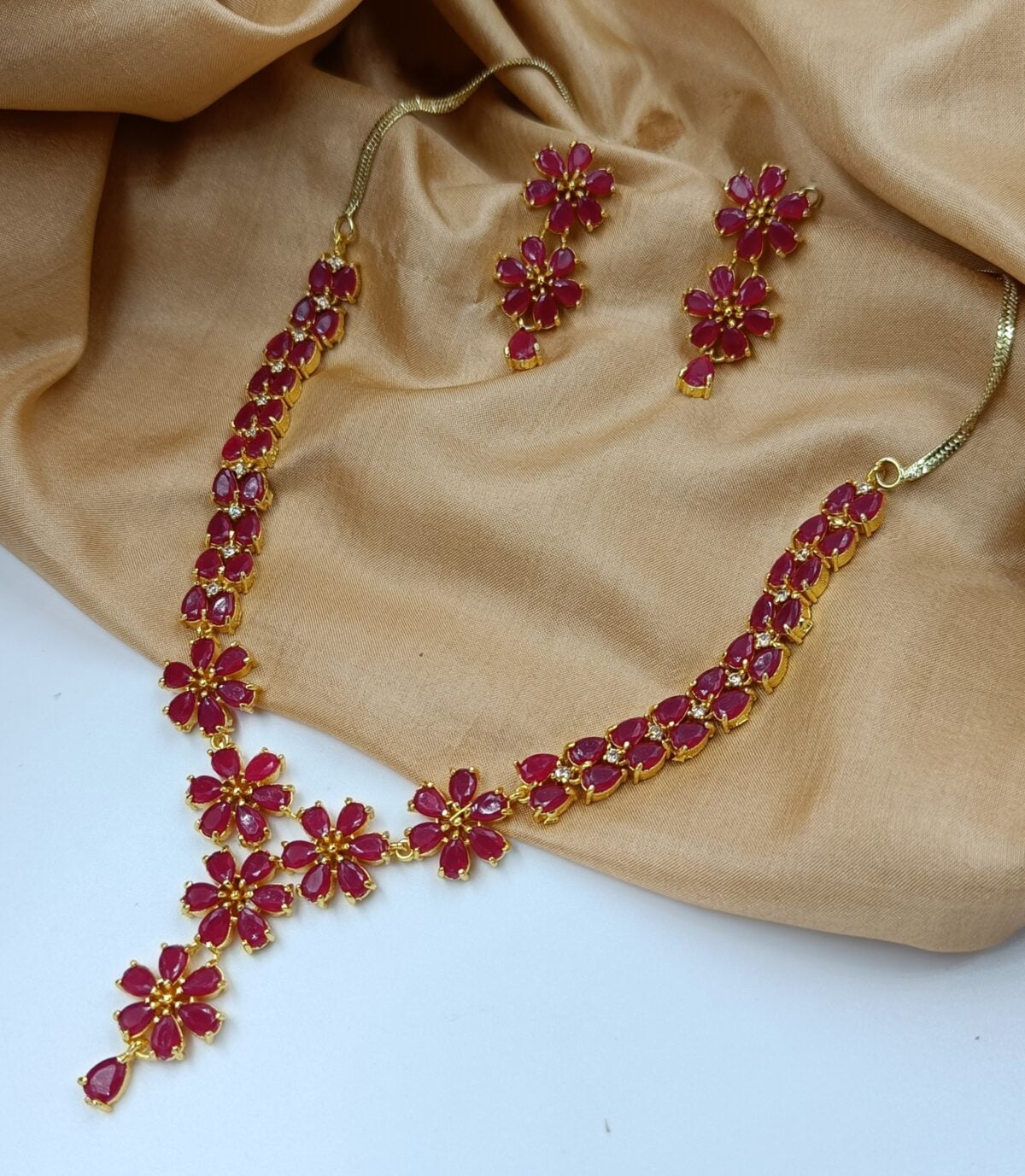 Gold Plated Pink American Diamond Necklace Set