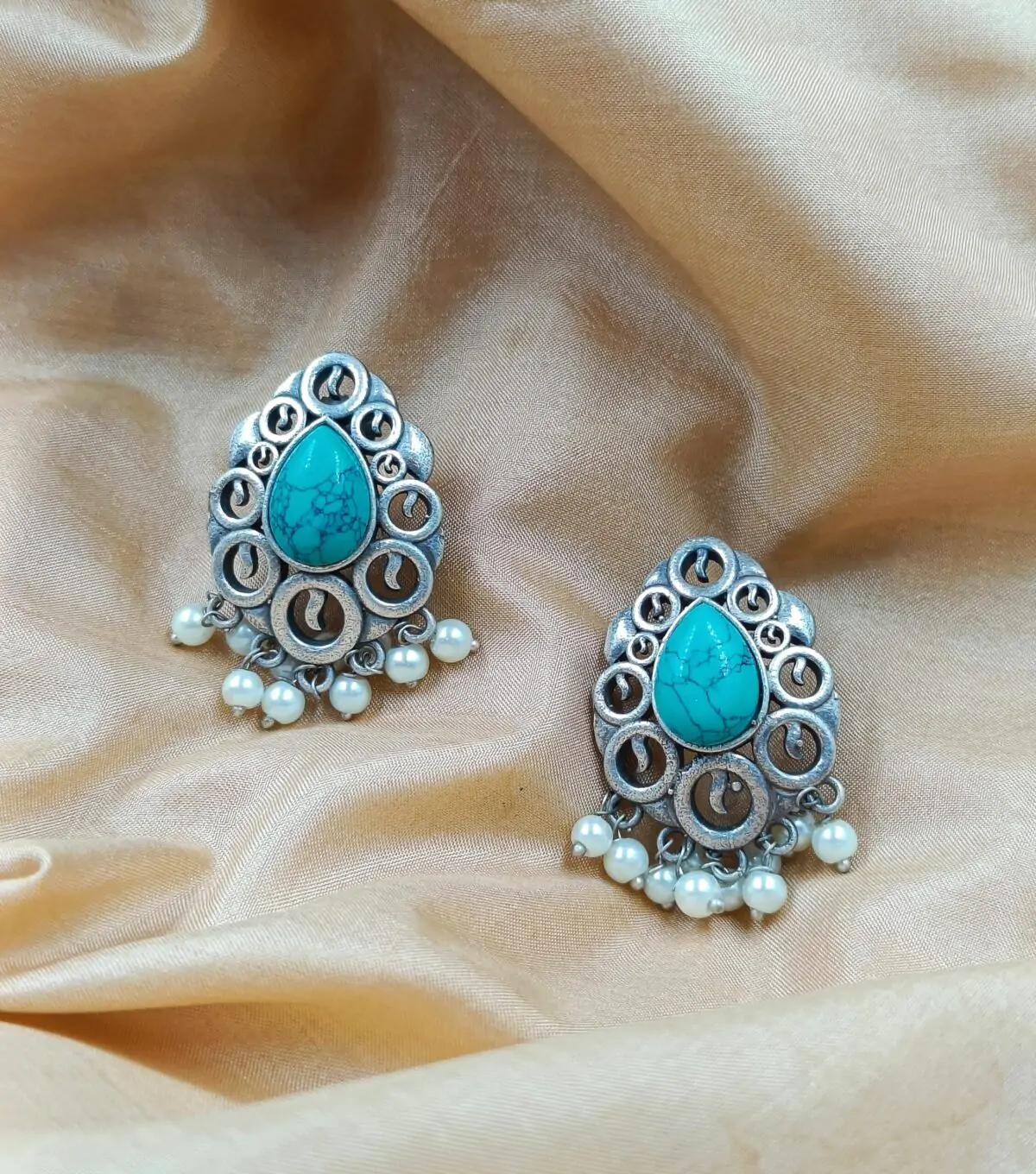 Silver Brass Turquoise Stone Stud Earrings - Image 3