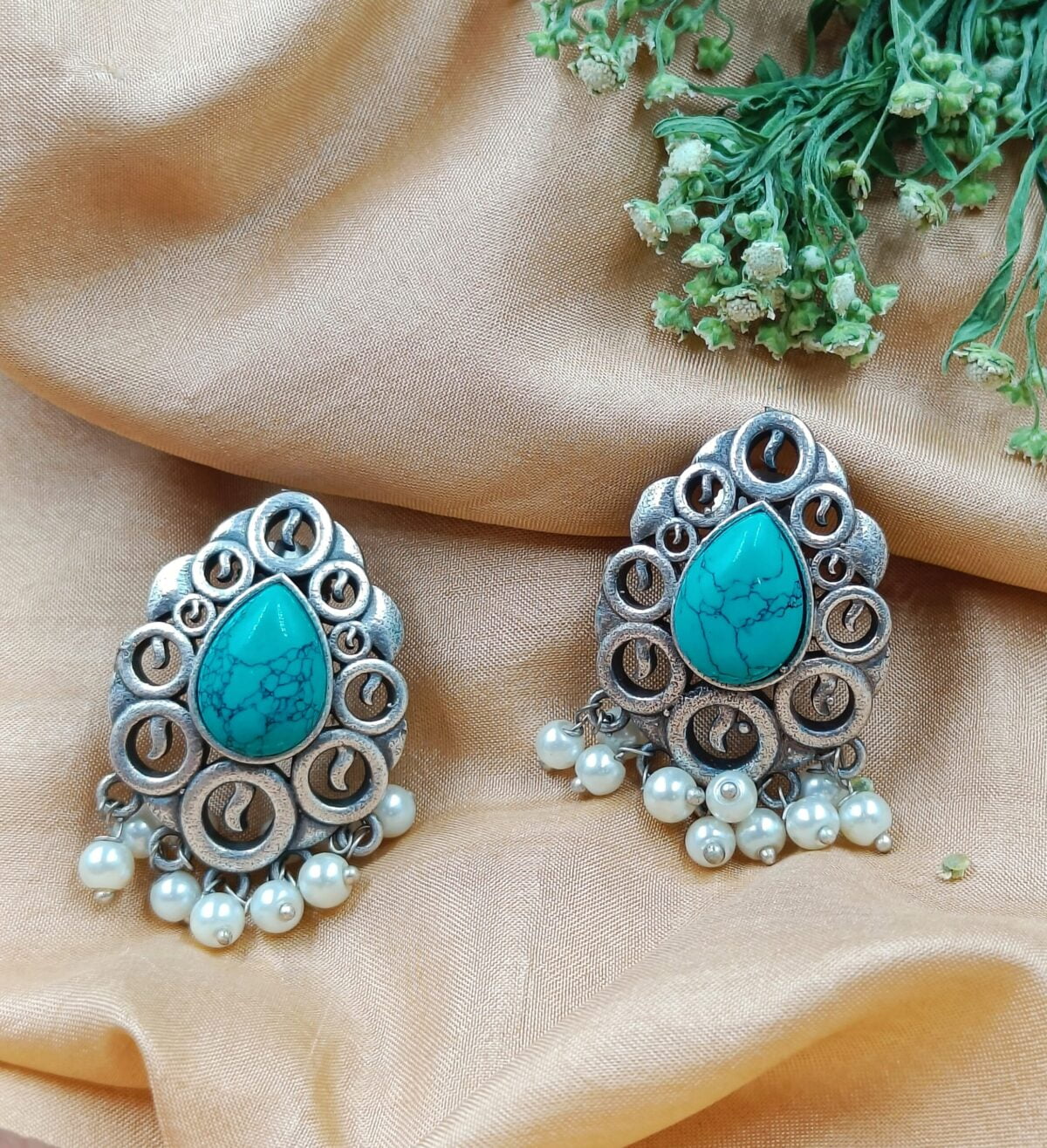 Silver Brass Turquoise Stone Stud Earrings