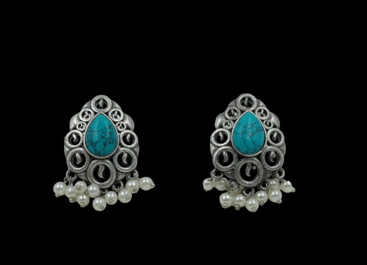 Silver Brass Turquoise Stone Stud Earrings - Image 4