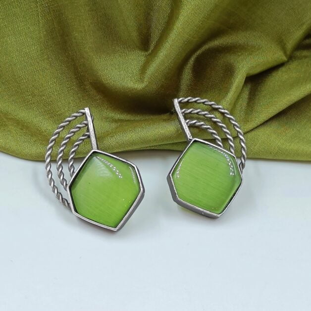 Silver Brass Green Stone Designer Stud Earrings