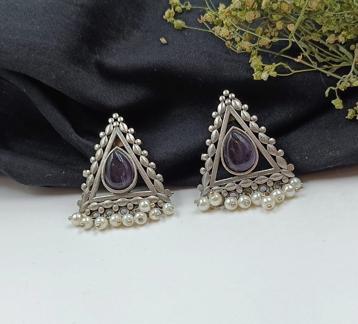 Silver Plated Brass Triangular Purple Stone Stud Earrings