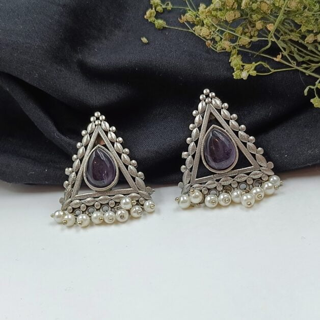 Silver Plated Brass Triangular Purple Stone Stud Earrings