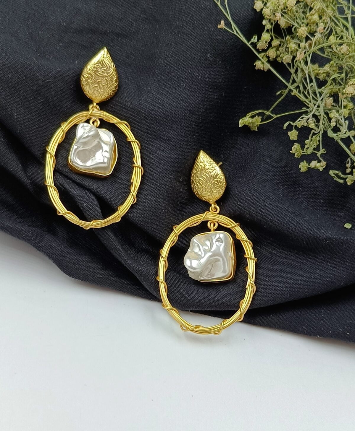 Designer Gold Plated Baroque Stone Dangler Earrings