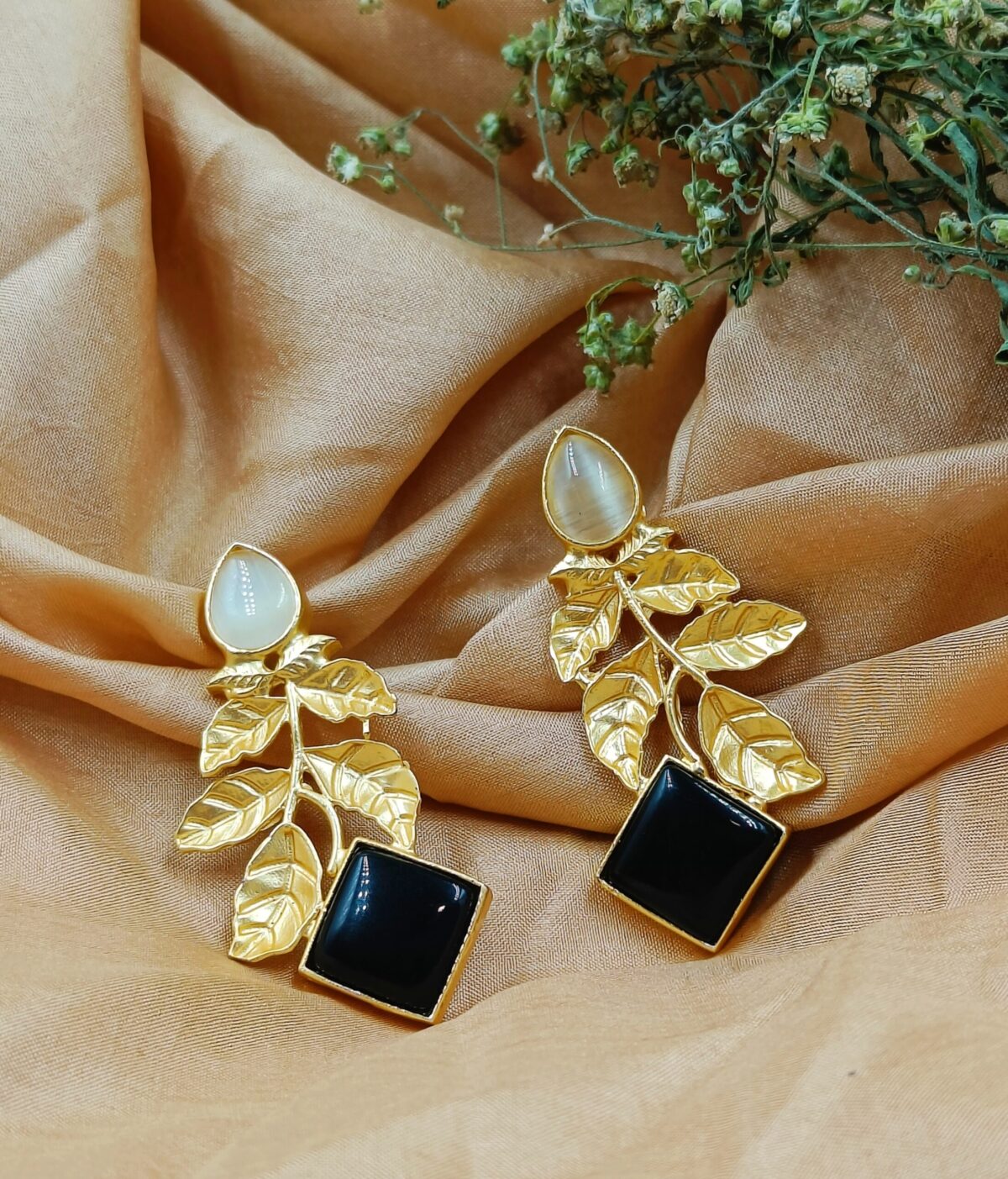 Gold Plated Brass Leafy Black and White Stone Earrings