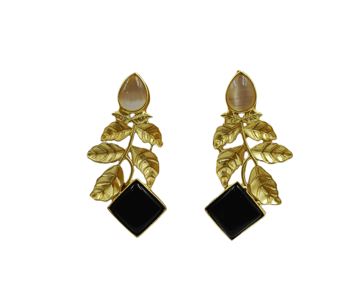 Gold Plated Brass Leafy Black and White Stone Earrings - Image 3