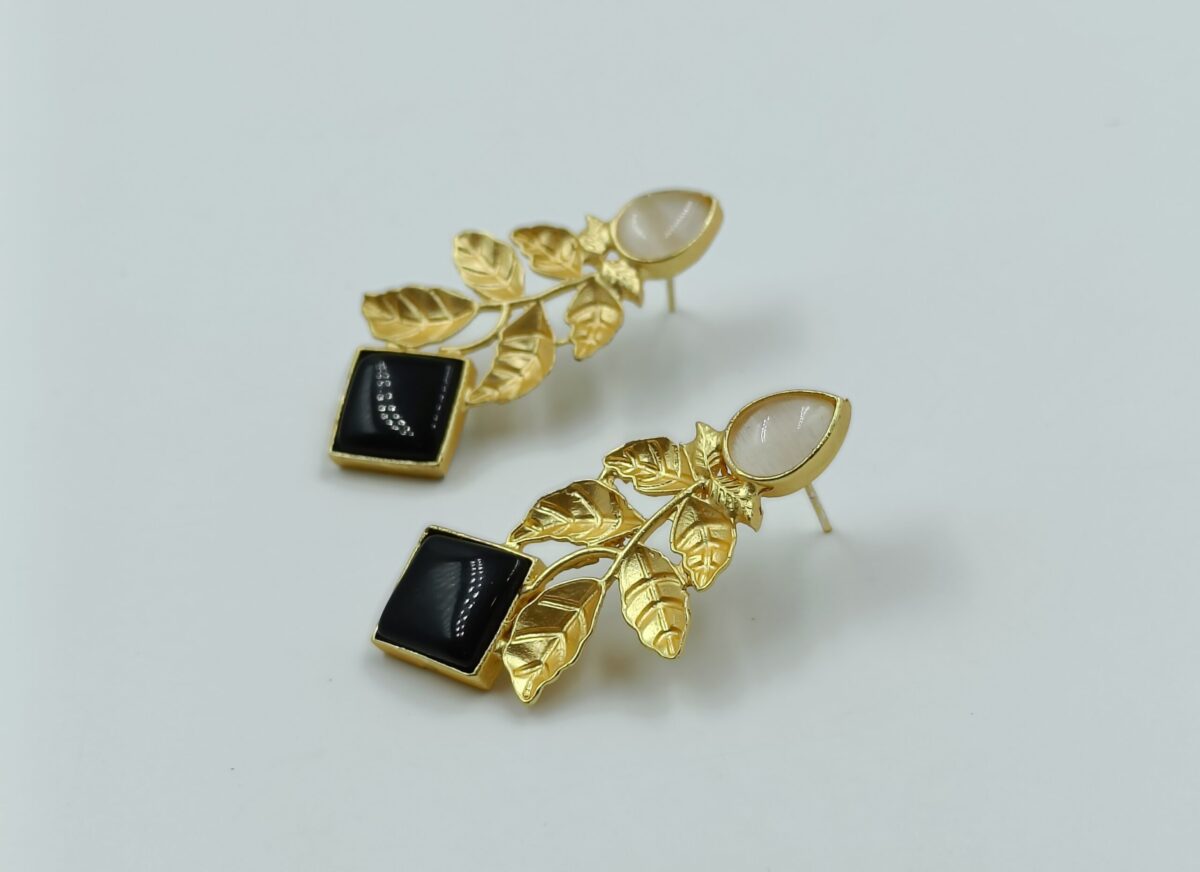 Gold Plated Brass Leafy Black and White Stone Earrings - Image 2