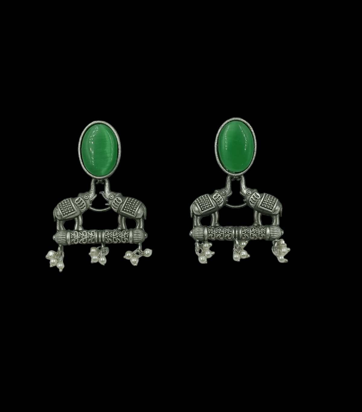 Silver Plated Brass Two Elephant with Green Stone Earring - Image 3