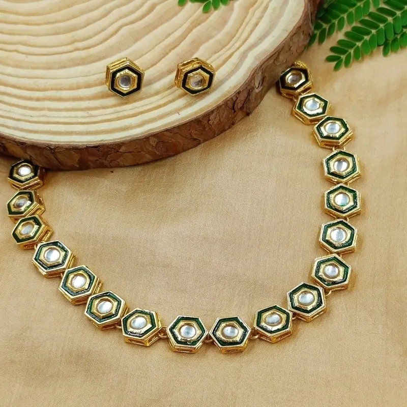 FHF Gold Plated Hexagon Shaped Kundan Necklace Set