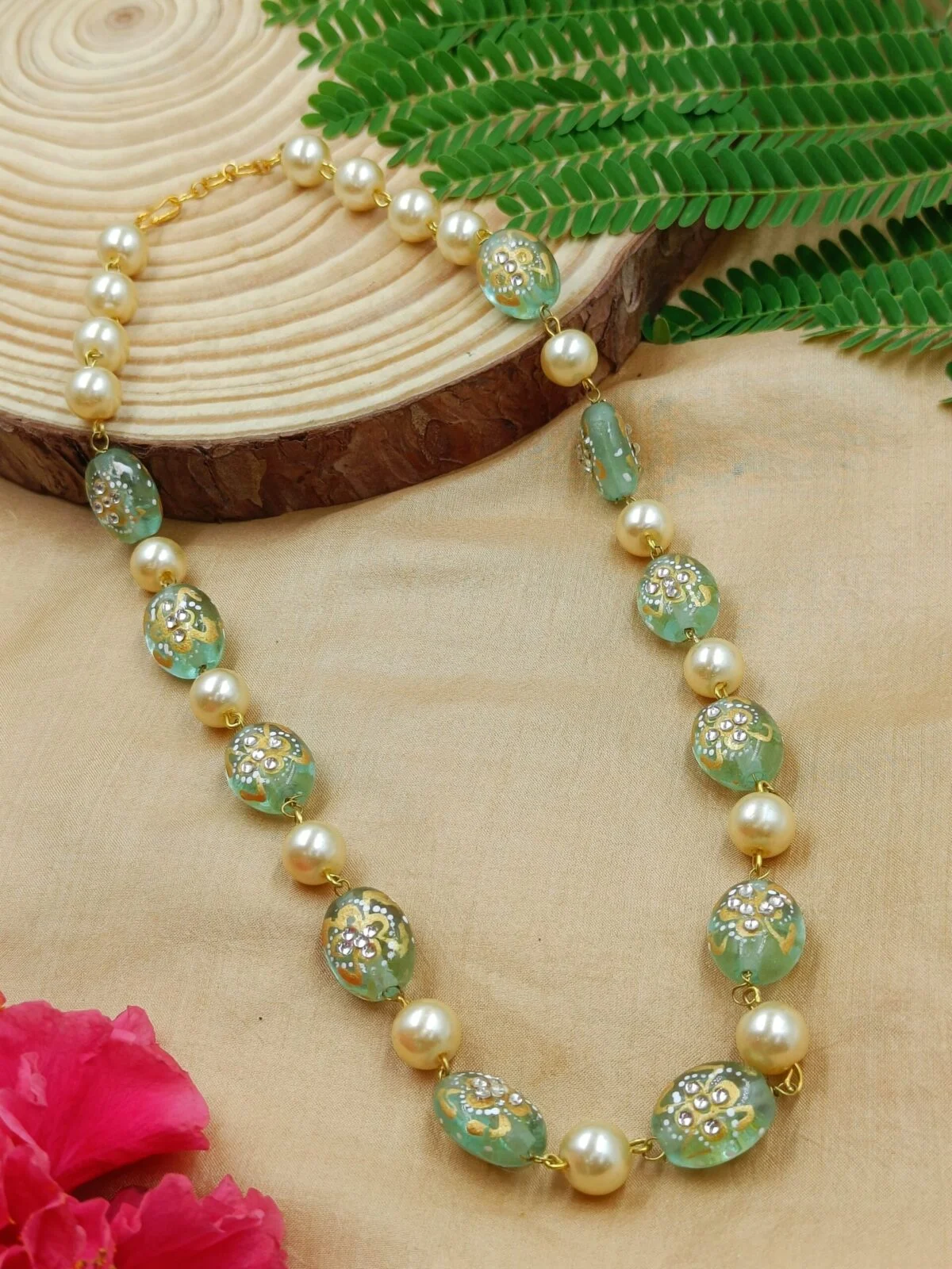 Sea Green Semi Precious Printed Stone Pearl Mala (MA12)
