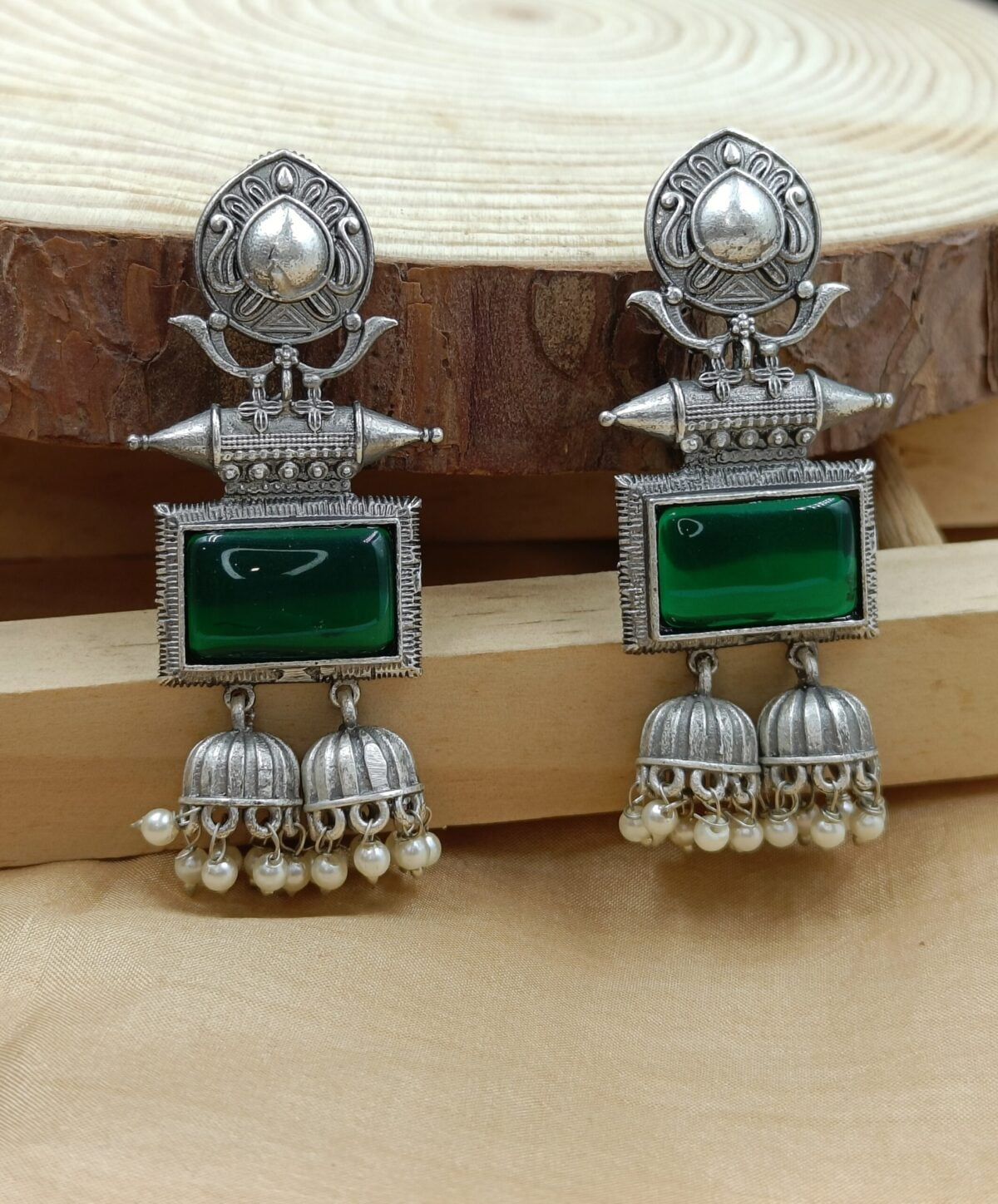 Silver Plated Brass Green Rectangle Stone Traditional Earrings