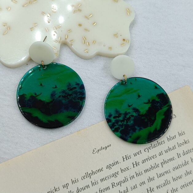 Green Resin Round Dangler Earrings