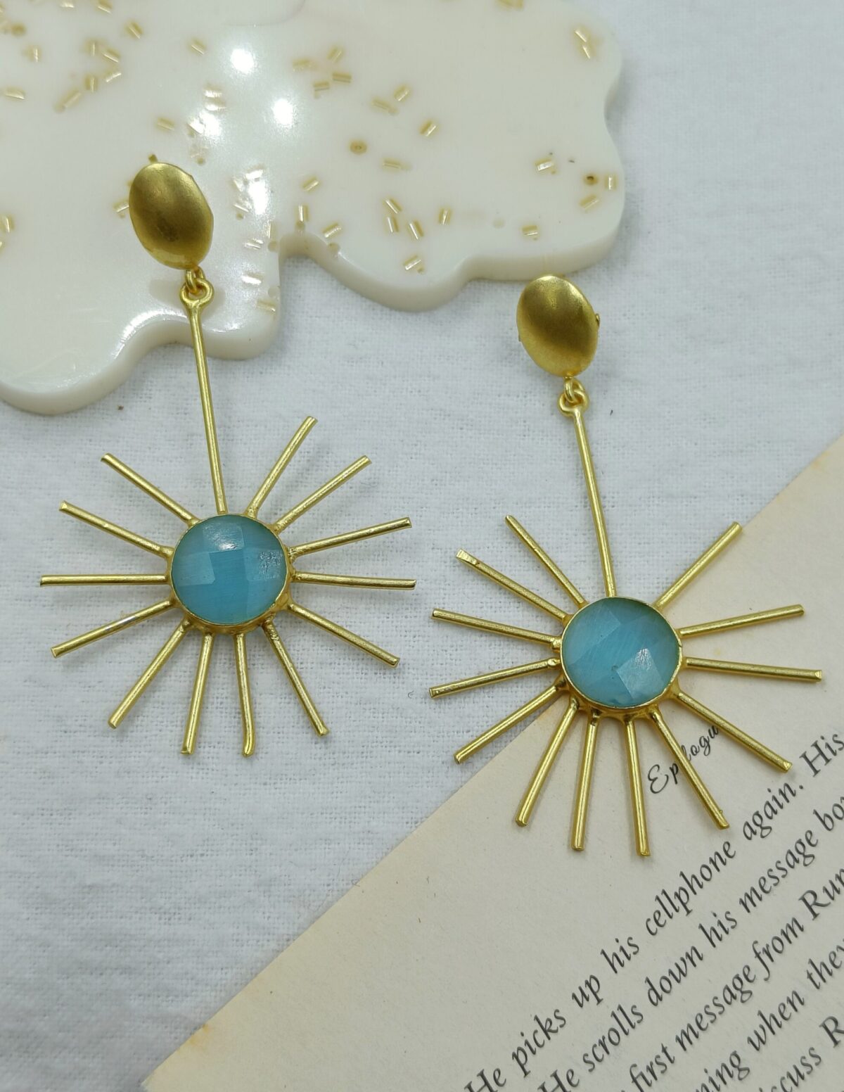 Gold Plated Blue stone Sun Shaped Earrings  (ERDA45)