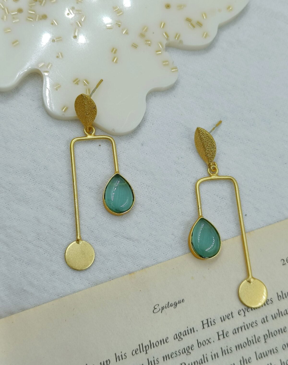 Gold Plated Brass Sea Green Stone Stylish Dangler Earrings