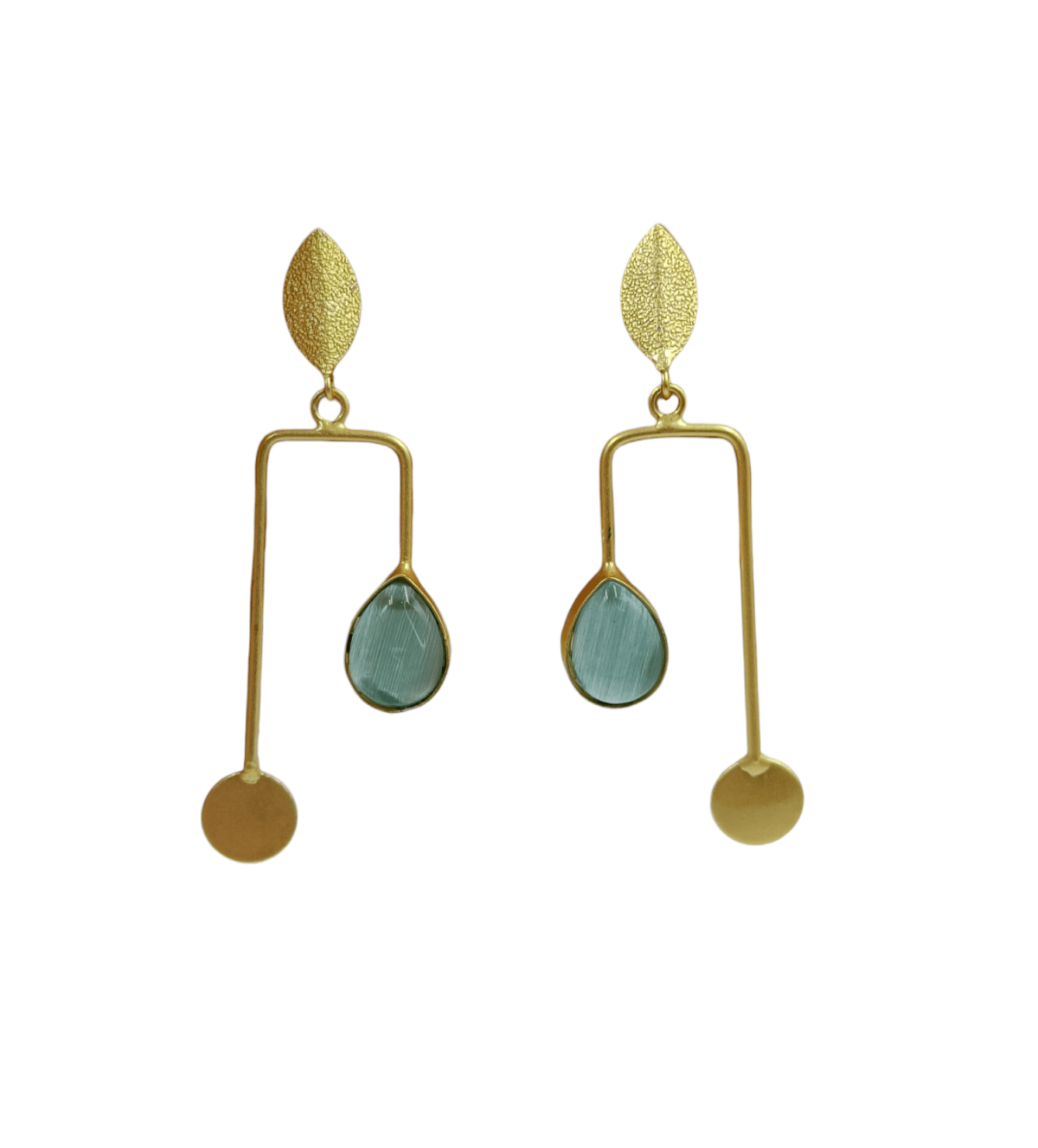 Gold Plated Brass Sea Green Stone Stylish Dangler Earrings - Image 3