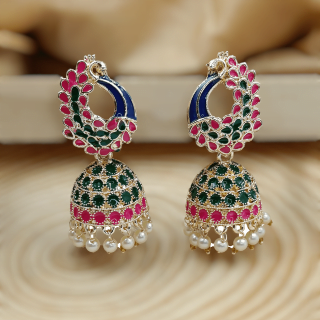 Gold Plated Peacock Multicolor Meenakari Jhumka Earrings (ERJ12)