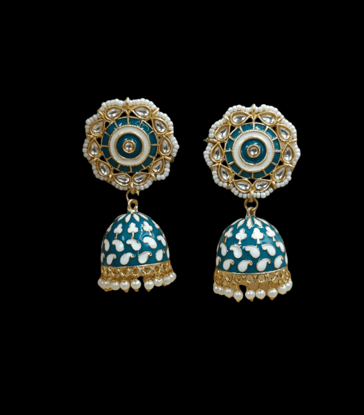 Gold Plated Blue Meenakari Beaded Jhumka Earrings (ERJ21) - Image 3