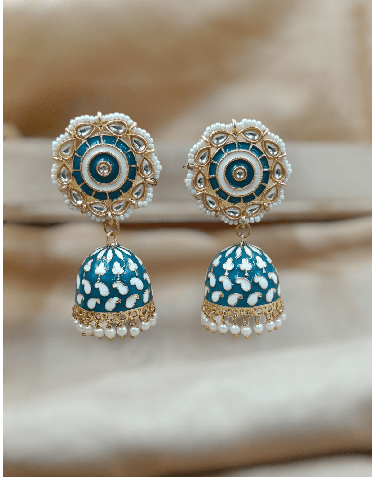 Gold Plated Blue Meenakari Beaded Jhumka Earrings (ERJ21)