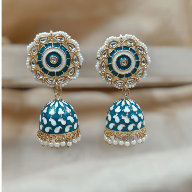 Gold Plated Blue Meenakari Beaded Jhumka Earrings (ERJ21)