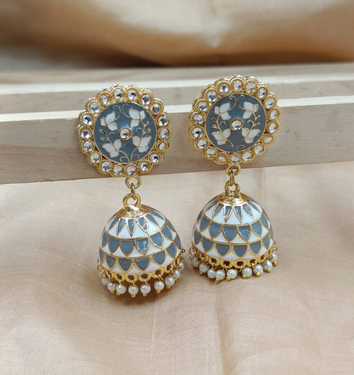 Gold plated Grey Meenakari Jhumka Earrings (ERJ27)