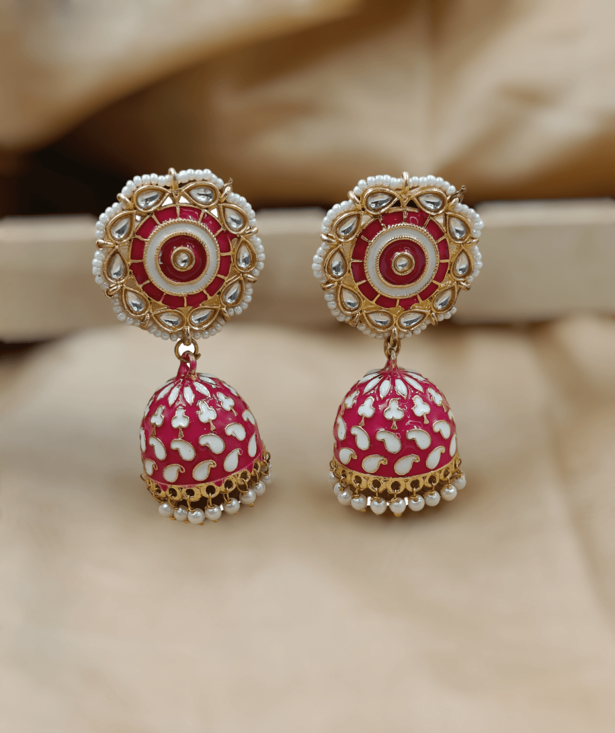 Gold Plated Pink Meenakari Beaded Jhumka Earrings (ERJ20)