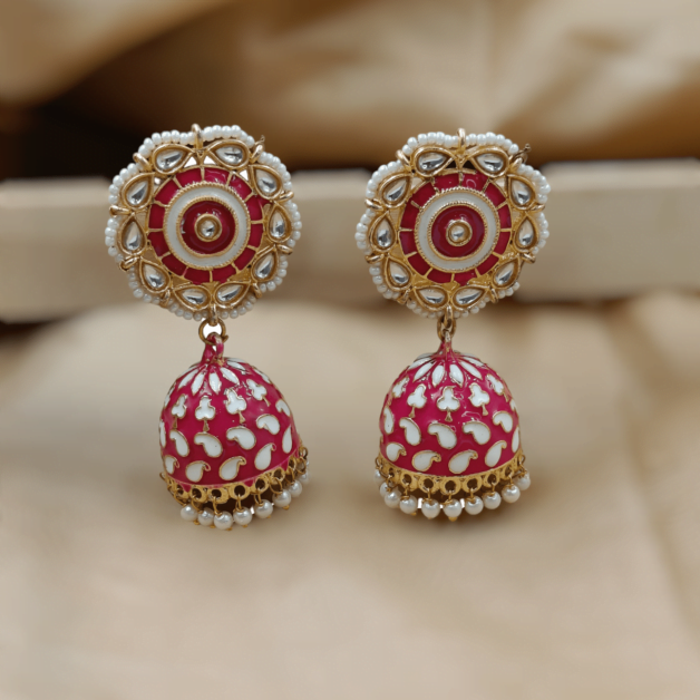 Gold Plated Pink Meenakari Beaded Jhumka Earrings (ERJ20)