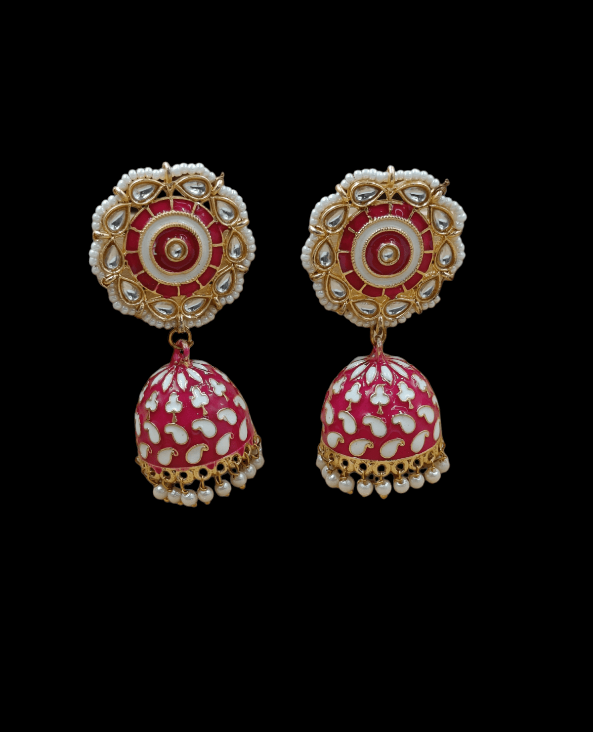 Gold Plated Pink Meenakari Beaded Jhumka Earrings (ERJ20) - Image 2