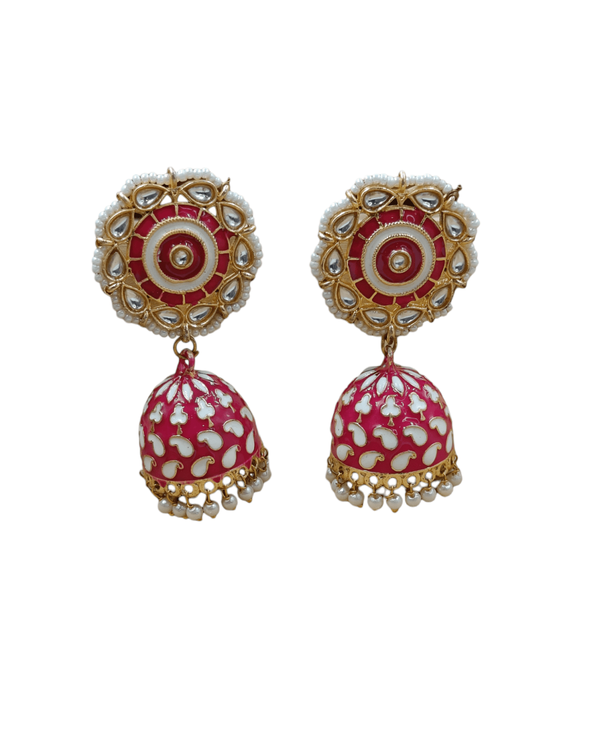 Gold Plated Pink Meenakari Beaded Jhumka Earrings (ERJ20) - Image 3