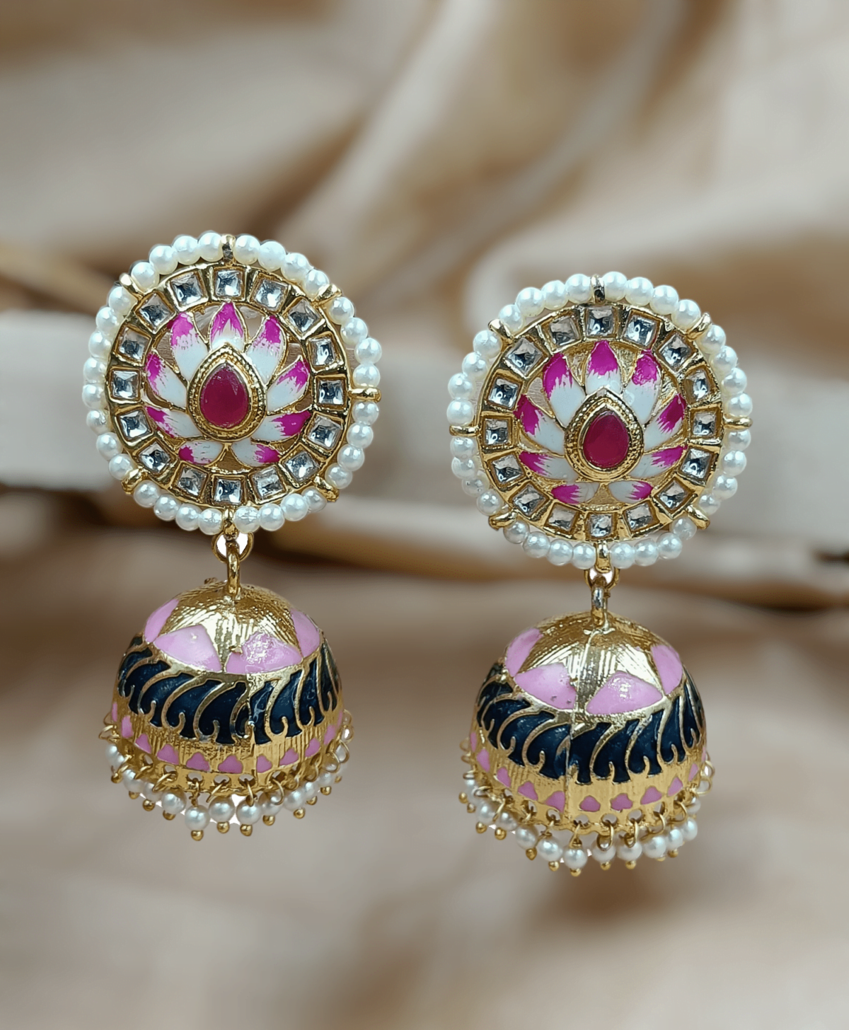 Gold plated Pink Handpainted Beaded Jhumka Earrings (ERJ06)