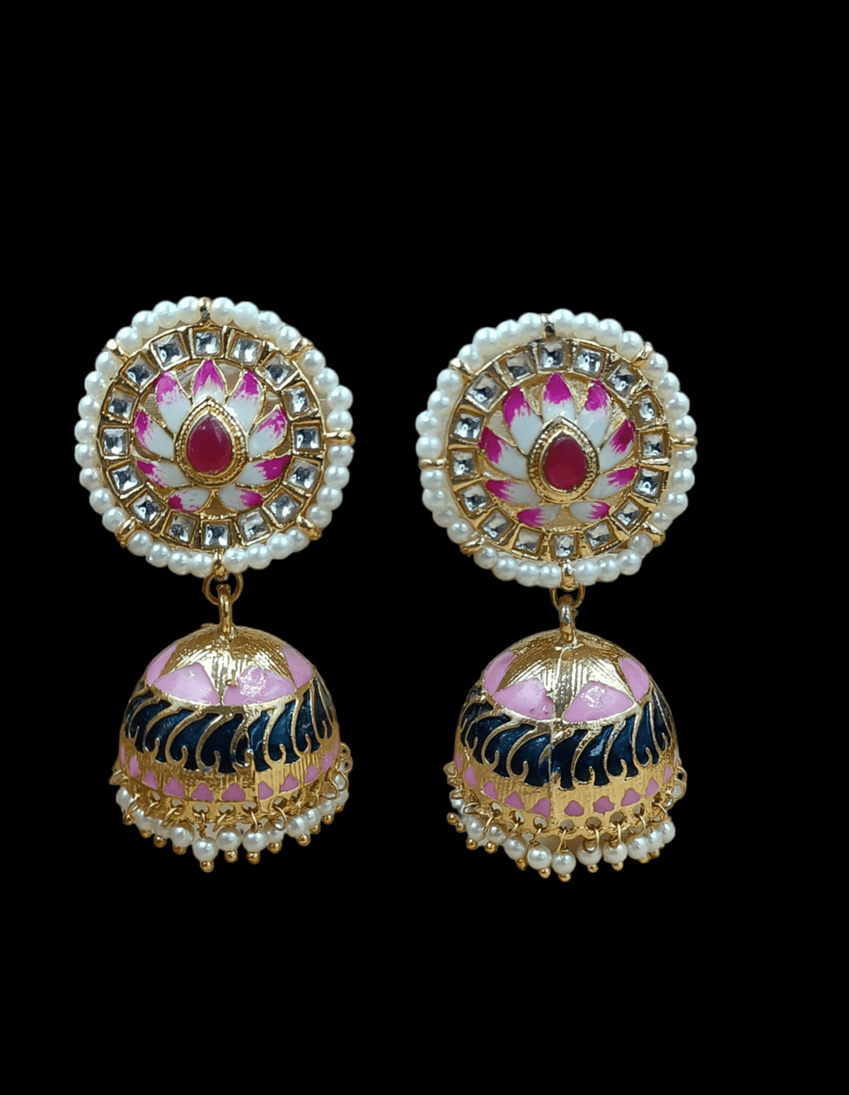 Gold plated Pink Handpainted Beaded Jhumka Earrings (ERJ06) - Image 3