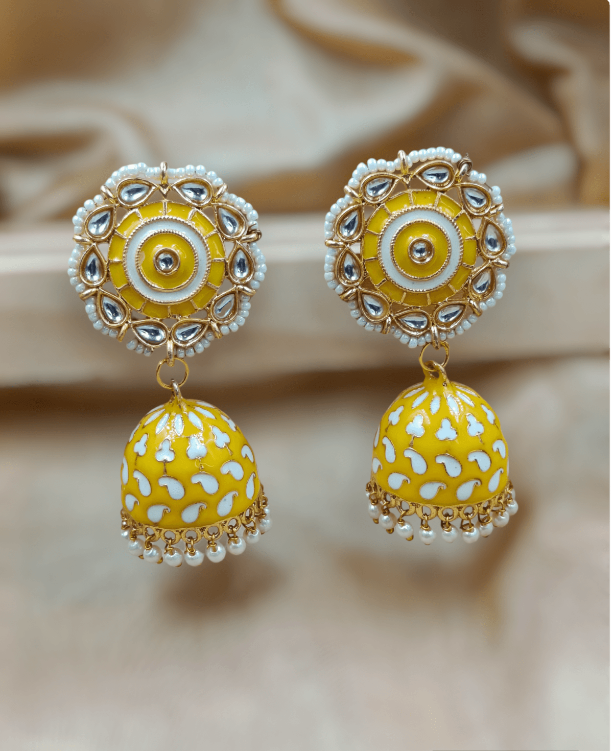 Gold Plated Yellow Meenakari Beaded Jhumka Earrings (ERJ32)