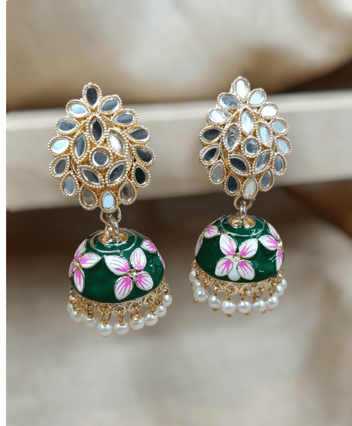 Mirror Work Haindpainted Green Jhumka Earrings (ERJ14)