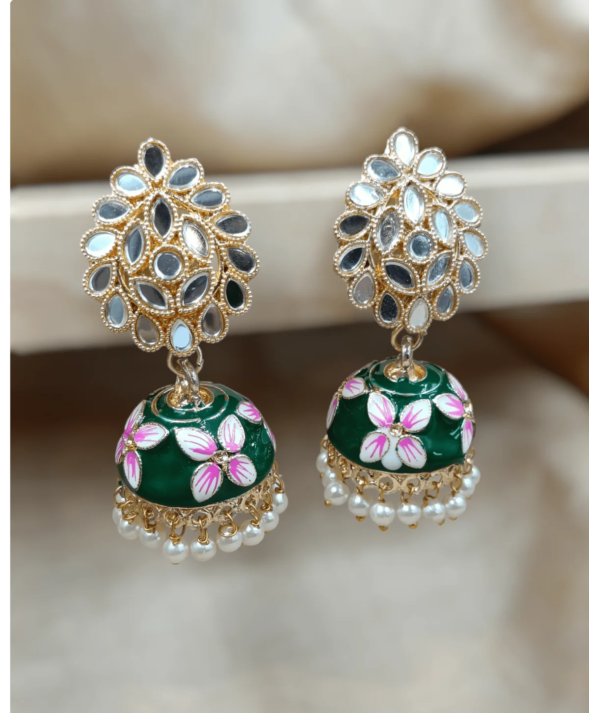 Mirror Work Haindpainted Green Jhumka Earrings (ERJ14)