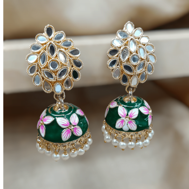 Mirror Work Haindpainted Green Jhumka Earrings (ERJ14)