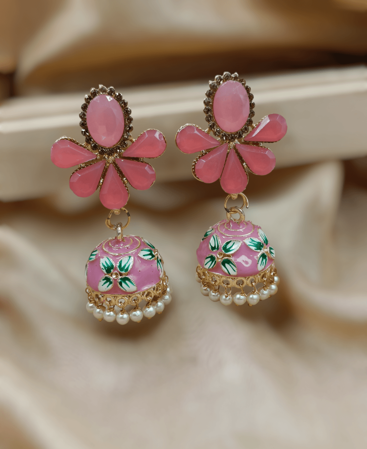 Gold Plated Handpainted Pink Stone Beaded Jhumka Earrings (ERJ43)