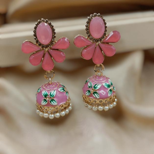 Gold Plated Handpainted Pink Stone Beaded Jhumka Earrings (ERJ43)