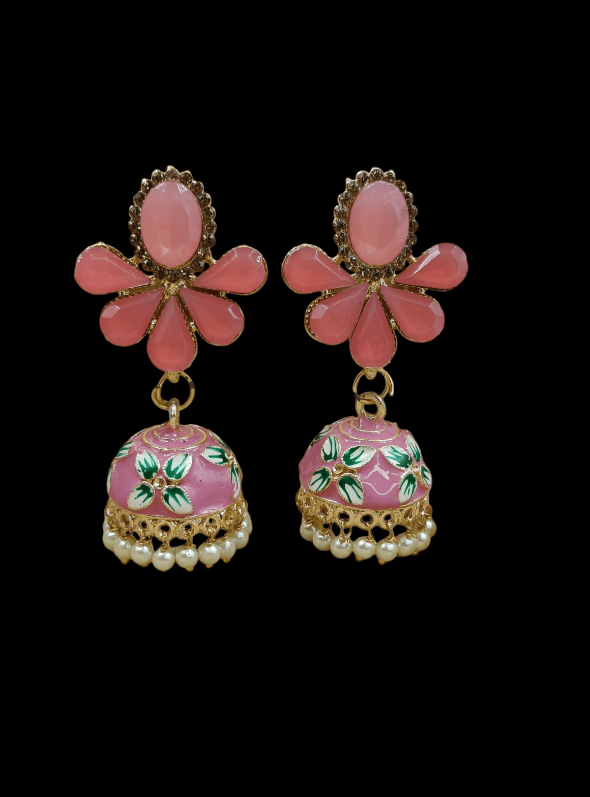 Gold Plated Handpainted Pink Stone Beaded Jhumka Earrings (ERJ43) - Image 3