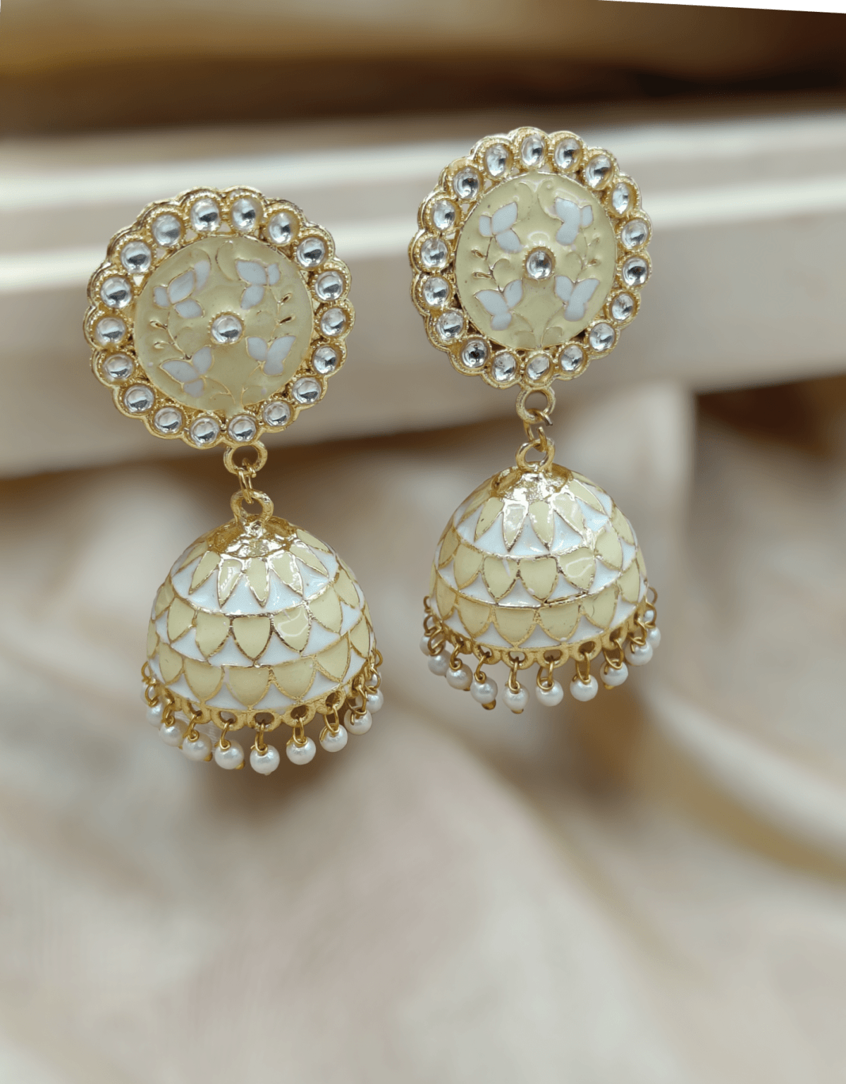 Gold Plated Light Yellow Meenakari Jhumka (ERJ25)