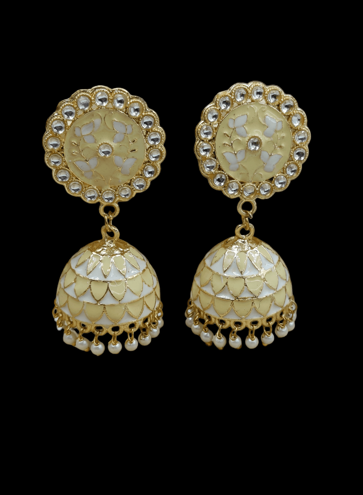 Gold Plated Light Yellow Meenakari Jhumka (ERJ25) - Image 3