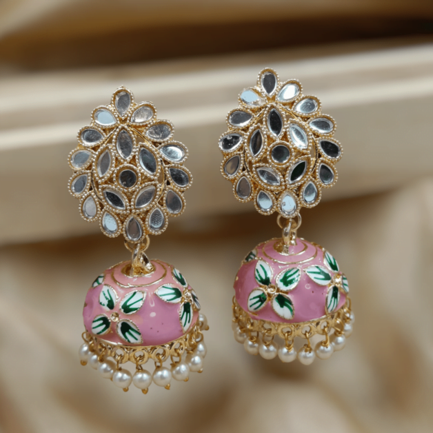 Gold Plated Mirror Work Haindpainted Pink Jhumka Earrings (ERJ13)