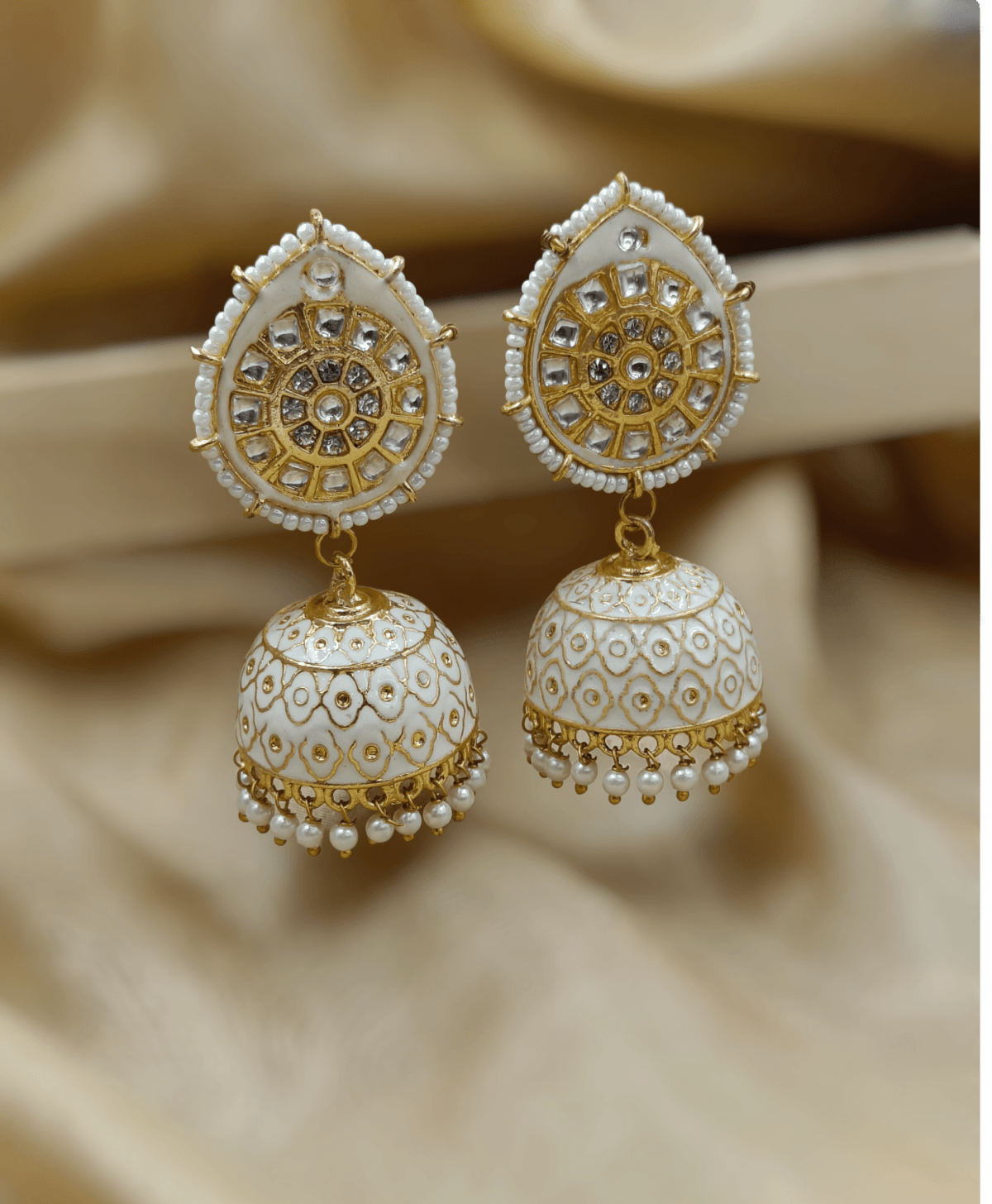 Gold Plated White Kundan Studded Meenakari Jhumka (ERJ26)