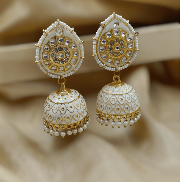 Gold Plated White Kundan Studded Meenakari Jhumka (ERJ26)